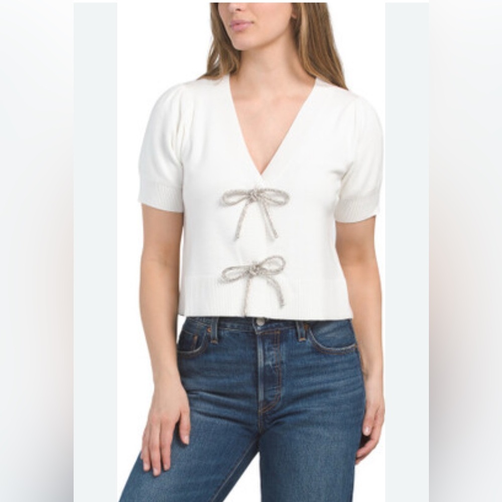 White Knit Sweater Top with Rhinestone Bow Accents